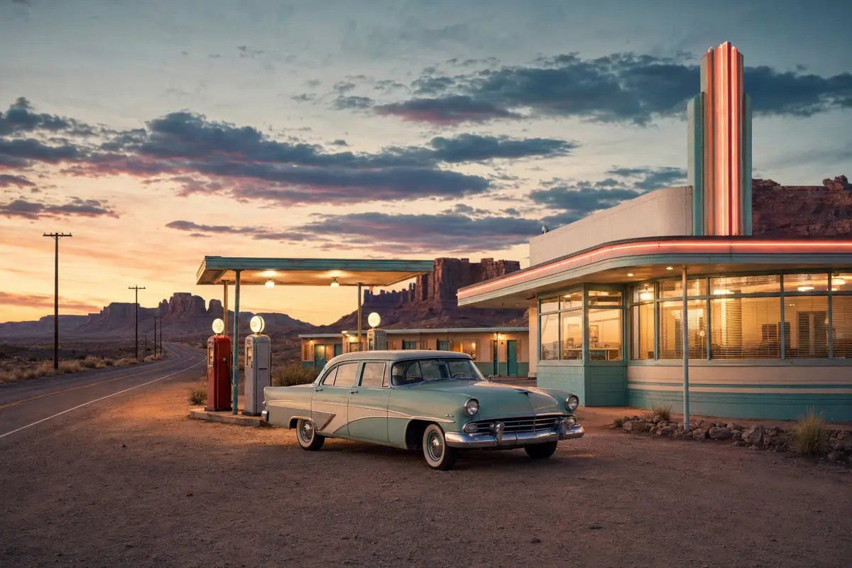 1950s-inspired roadside diner, motor court, fuel pumps, and automobile along Route 66
